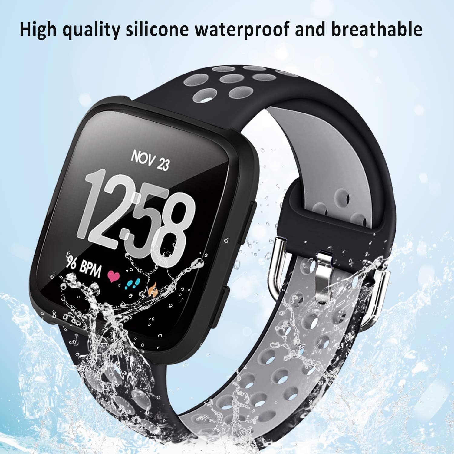 3-Pack Soft Silicone Sport Bands Compatible with Fitbit Versa 2 for Men and Fitbit Versa for Women. These bands are also compatible with Fitbit Versa Lite and Versa SE, available in both Large and Small sizes with Silver Metal Accent.