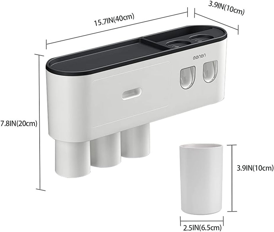 Bathroom Toothbrush Holder Kit: Wall Mounted with Double Automatic Toothpaste Dispensers, 6 Brush Slots, 1 Cosmetic Drawer Organizer, 1 Large Storage Tray, and 3 Black Cups