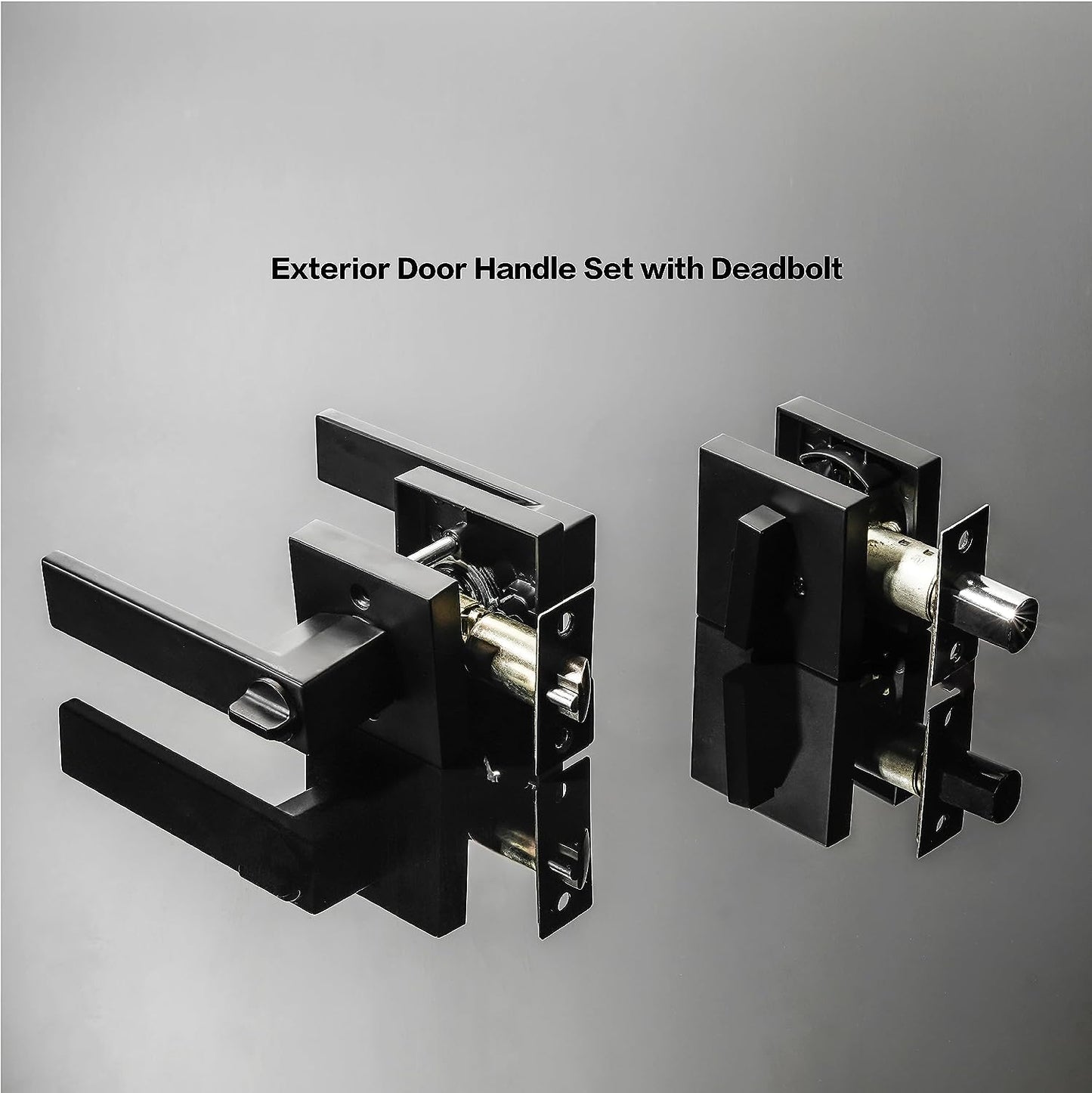Modern Matte Black Entry Lever Door Locks with Deadbolt - Includes Square Exterior Front Door Handle and Single Cylinder Deadbolt as a Set.