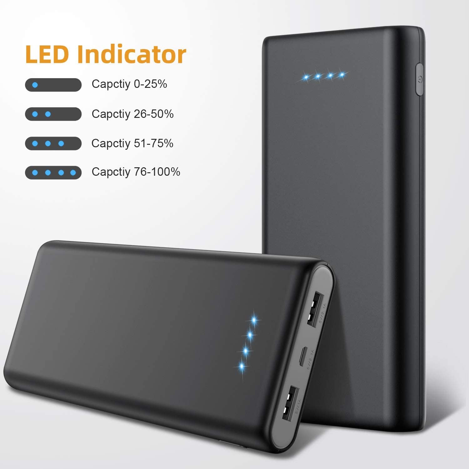 Commercial Grade Portable Power Bank - 26800mAh Capacity, Dual External Backup Batteries, 2 USB Ports - Compatible with iPhone 11/Pro/Max/X/Xs, Samsung, Android and More