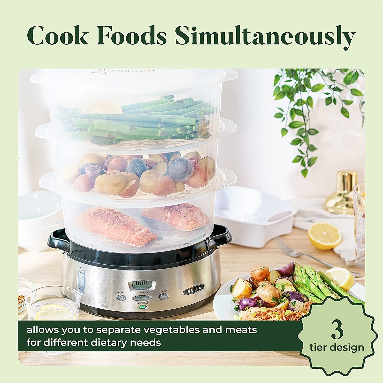 Triple Tier Digital Food Steamer - 9.5 QT Capacity, Healthy and Fast Simultaneous Cooking, Stackable Baskets for Vegetables or Meats, Includes Rice/Grains Tray, Auto Shutoff, and Boil Dry Protection. Made of Stainless Steel.