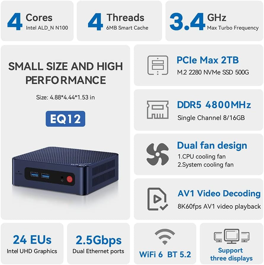  EQ12 Mini PC with N100 Processor (4C/4T), 16GB DDR5, 500GB SSD, WiFi6 Support, BT5.2, Dual NIC LAN, Triple Display, Ideal for Business Use