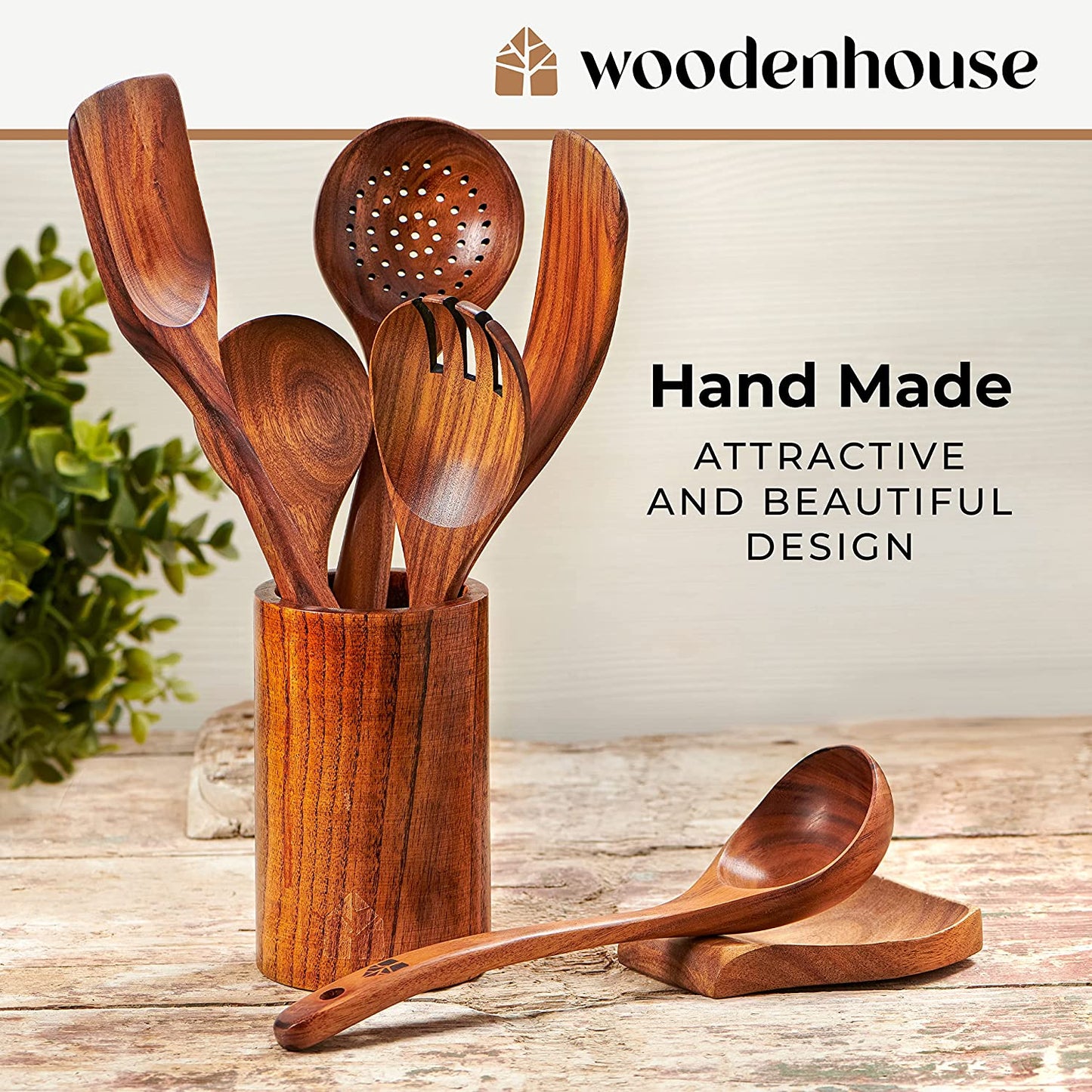 Teak Wood Cooking Utensils Set - Complete Kitchen Utensils Collection with Holder and Spoon Rest, Includes Wooden Spoons and Spatula for Healthy and Nonstick Cooking, Robust 13-Piece Set for Natural Kitchen Cookware