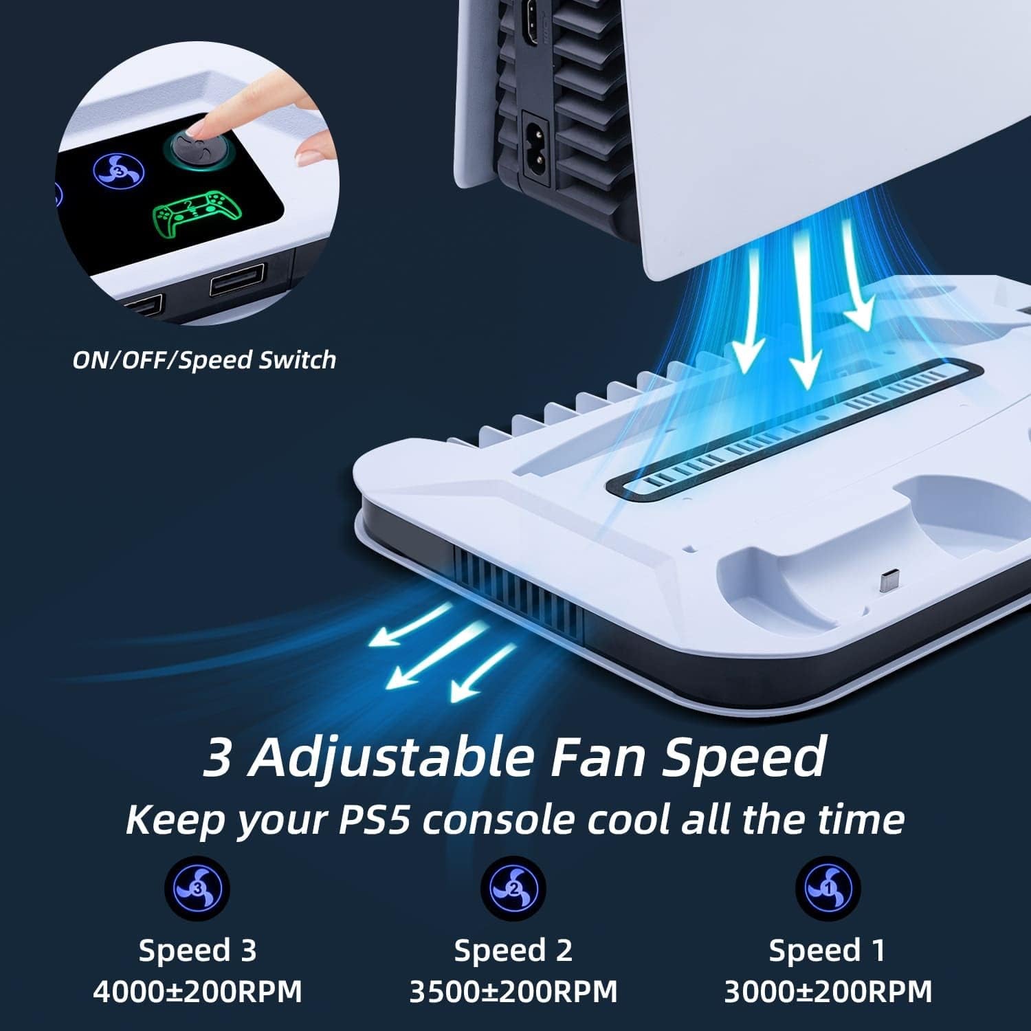 PS5 Cooling Stand with 3-Level Speeds Cooling Fan, Game Storage, Dual Controllers Charger, Headset Holder, and LED Indicators - White