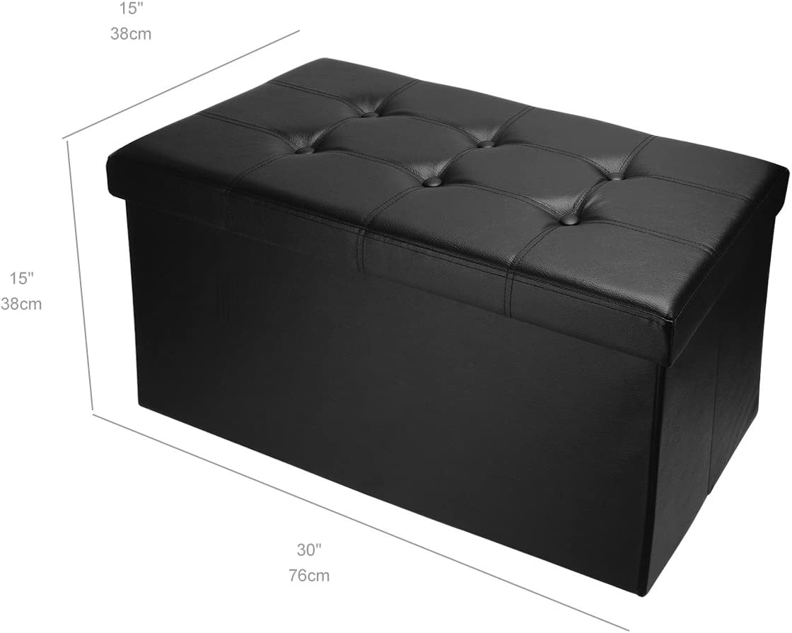 Faux Leather Folding Ottoman Coffee Table - Versatile Foot Rest Stool/Bench Seat, Dimensions 30" x 15" x 15", Black Color