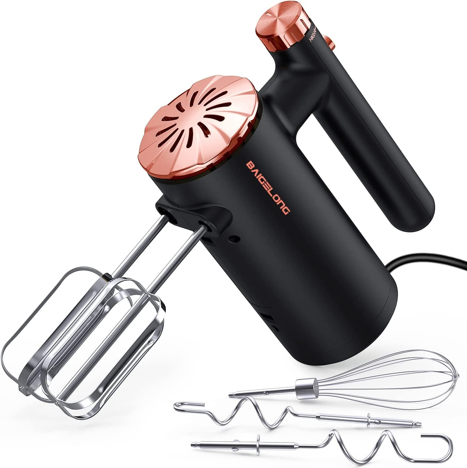 500W Ultra Power Electric Hand Mixer with Variable Speed Control - Includes 5 Stainless Steel Accessories for Baking, Dishwasher Safe - Black Rose Gold Color