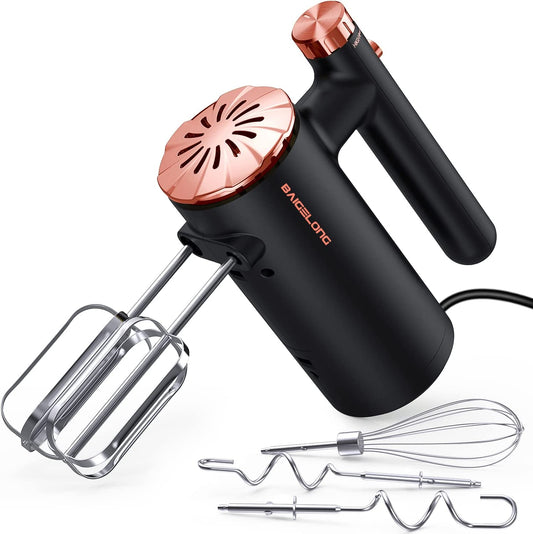 500W Ultra Power Electric Hand Mixer with Variable Speed Control - Includes 5 Stainless Steel Accessories for Baking, Dishwasher Safe - Black Rose Gold Color