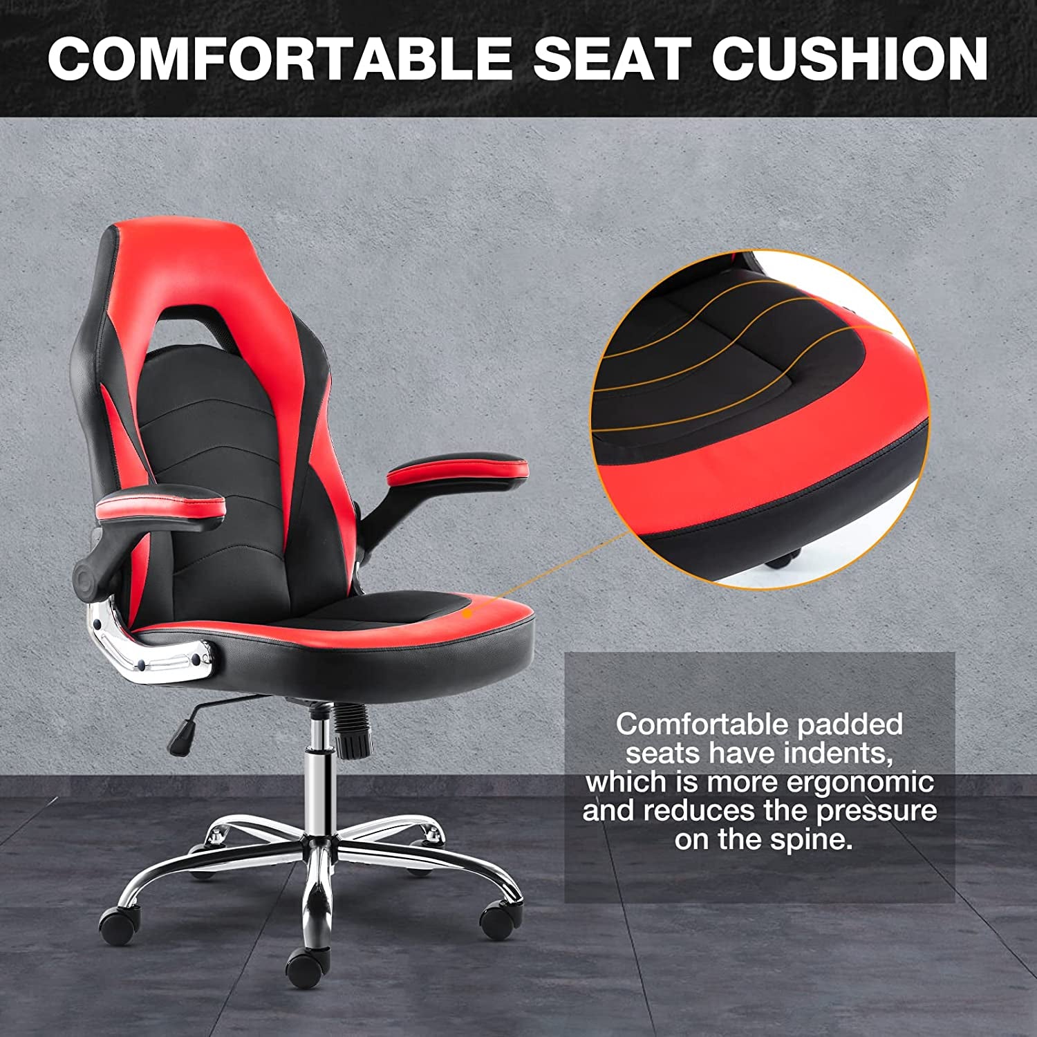 Ergonomic Gaming Office Chair - PU Leather Executive Swivel Design - Features Flip-Up Armrests and Lumbar Support - Suitable for Working, Studying, and Gaming - Color: Grey.
