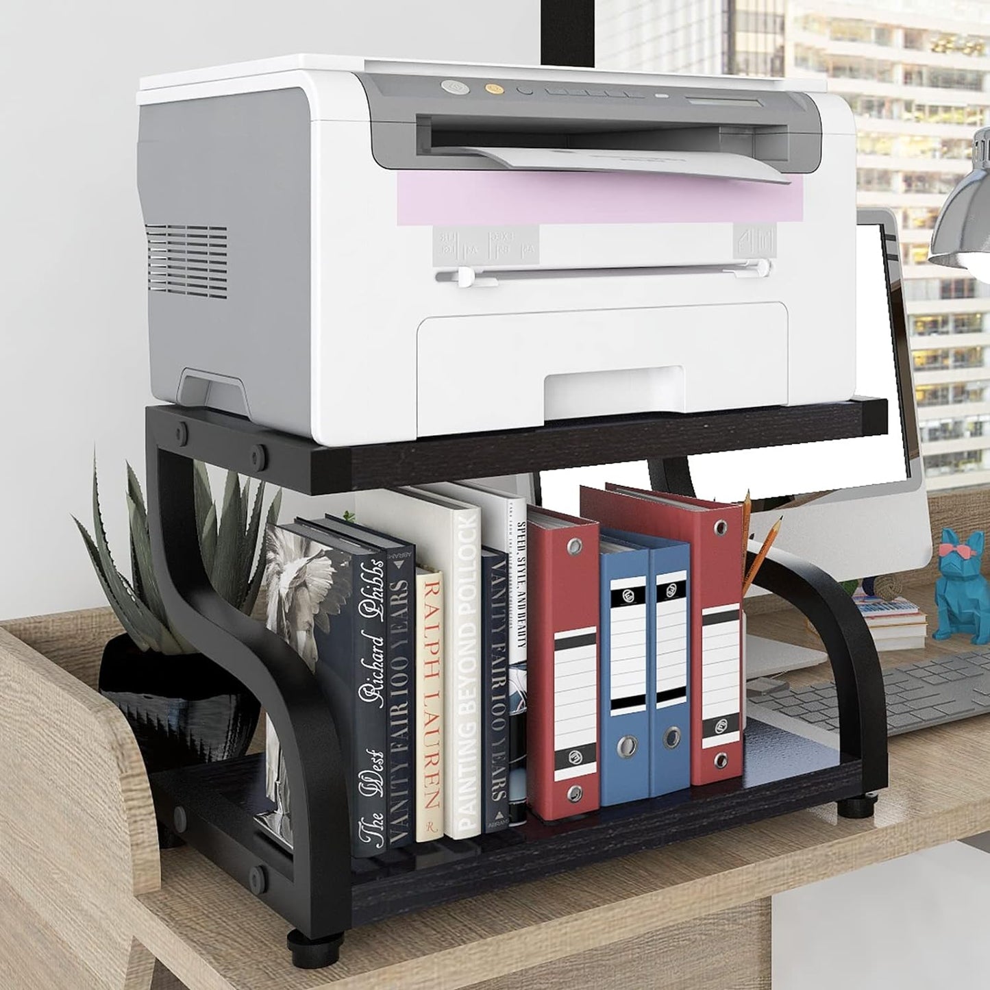 2-Tier Retro Wood Desktop Printer Stand with Storage and Heavy Duty Organizer Rack Shelf for Home Office