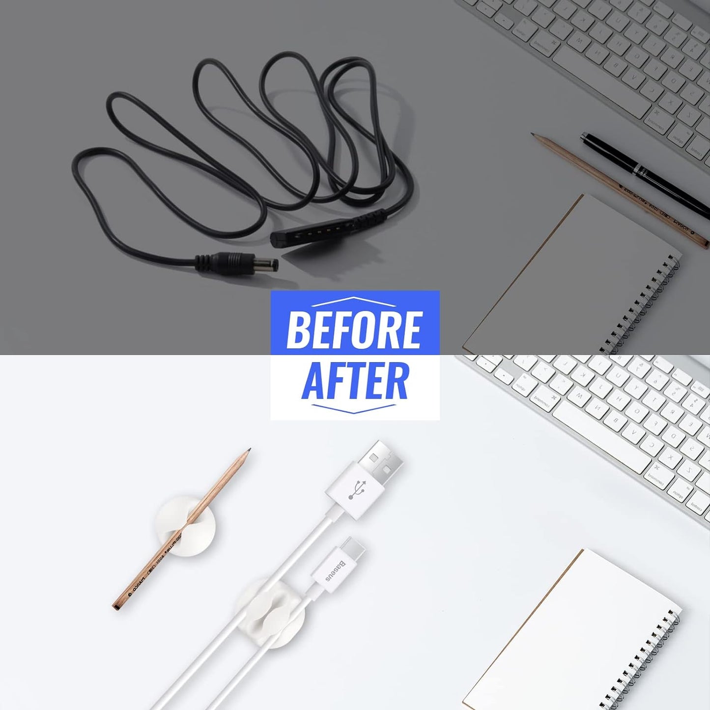 Cable Clips 16 Pack - Self Adhesive Cord Organizer for USB Charging Cables, Power Cord, Mouse Cables, Headphone Cords - White