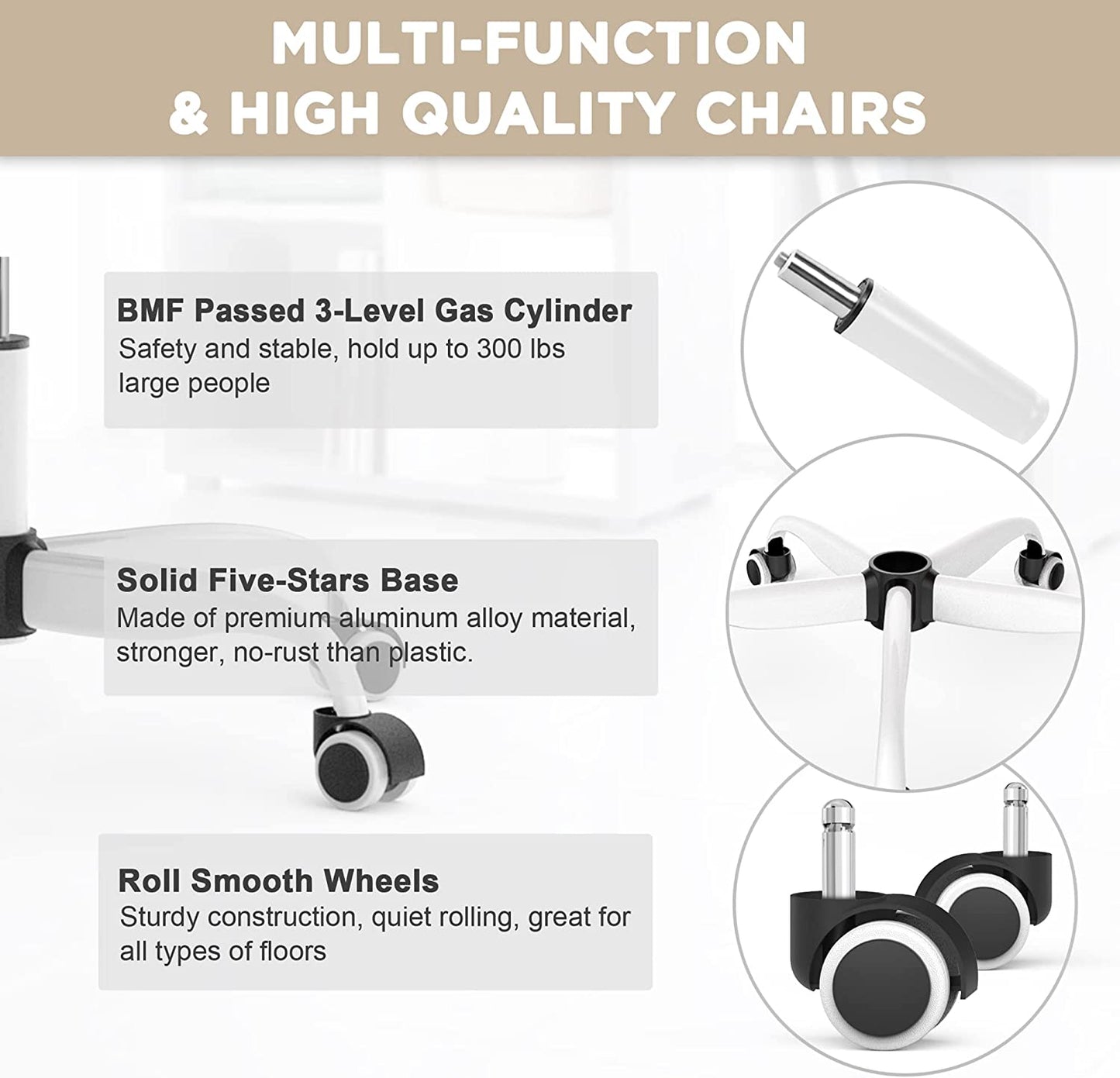 High Back Ergonomic Office Chair with Adjustable Lumbar Support, Headrest, and Swivel Function - Flip-up Armrests for Enhanced Comfort - 5 Year Warranty - Modern Ivory White Design