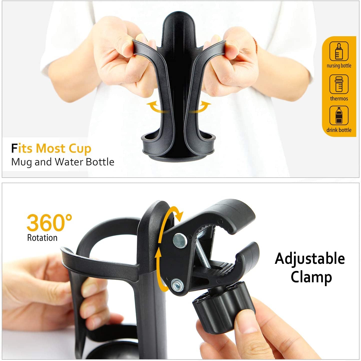 Pack of 2 Stroller Drink Holders: Universal Cup Holders designed for use on Bikes, Trolleys, Walkers