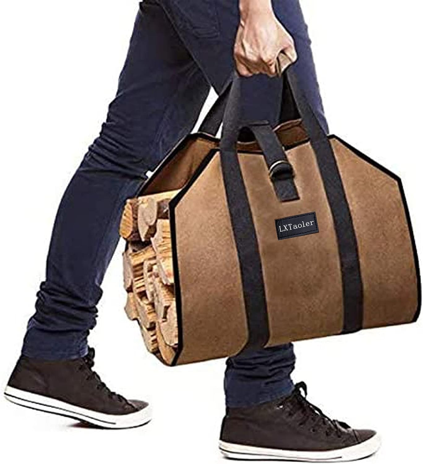 Canvas Firewood Tote with Handle - Sturdy Firewood Log Carrier Bag for Fireplaces and Camping, 39 x 18 Inches 