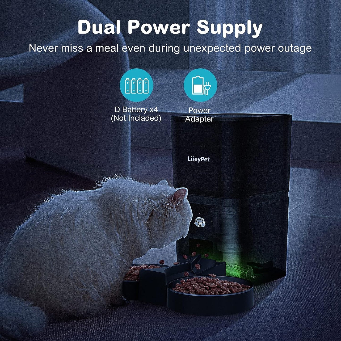 Automatic Cat Feeders - Smart Pet Food Dispenser for Dry Food - Equipped with 2.4G App Control - Features Double Stainless Steel Bowls - Offers Dual Power Supply - Allows for 1 to 10 Meals Per Day Programming.