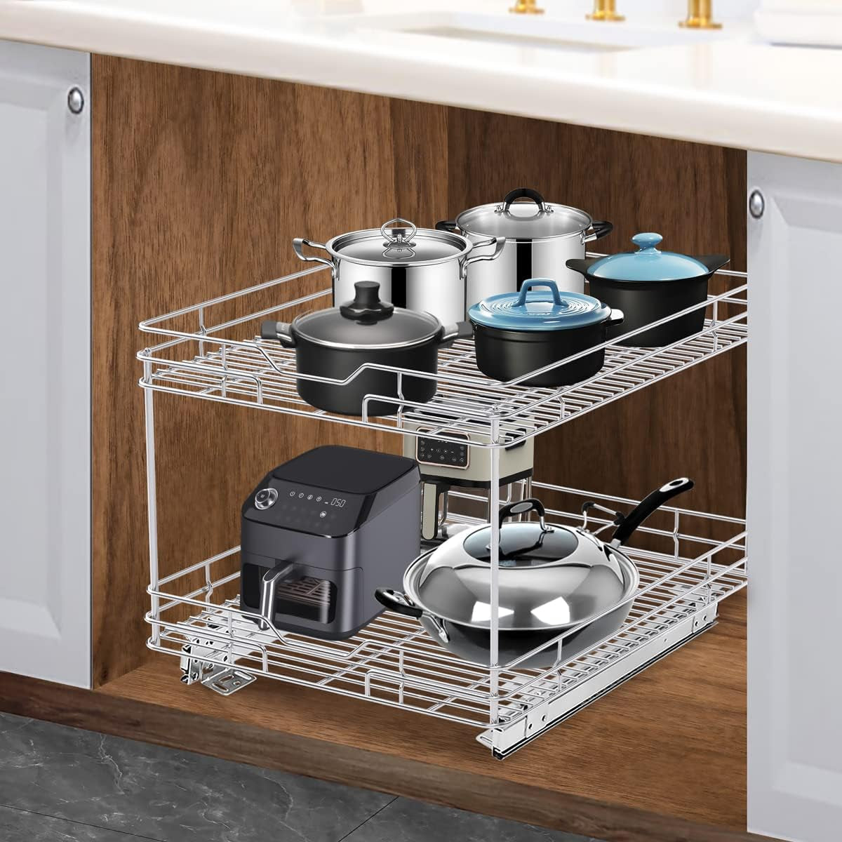 2-Tier Heavy-Duty Pull-Out Cabinet Drawer Organizer - 21''Dx17''W - Designed for Cabinets with a Minimum 18” Opening, Wire Frame with Chrome Finish