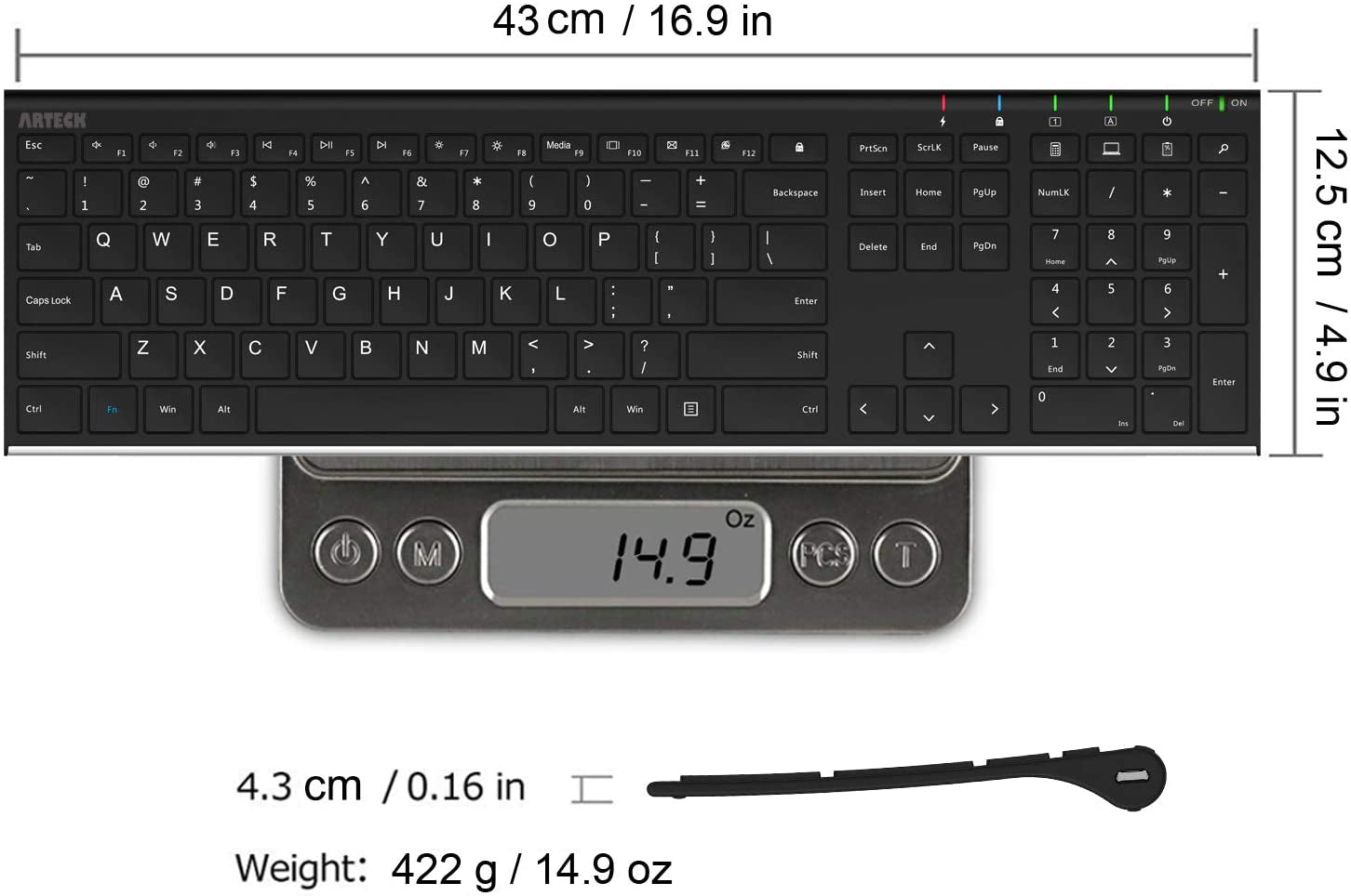 Ultra Slim Full Size Wireless Keyboard (2.4G) - Stainless Steel - Numeric Keypad - Compatible with Computer, Desktop, PC, Laptop, Surface, Smart TV - Supports Windows 10/8/7 - Built-in Rechargeable Battery