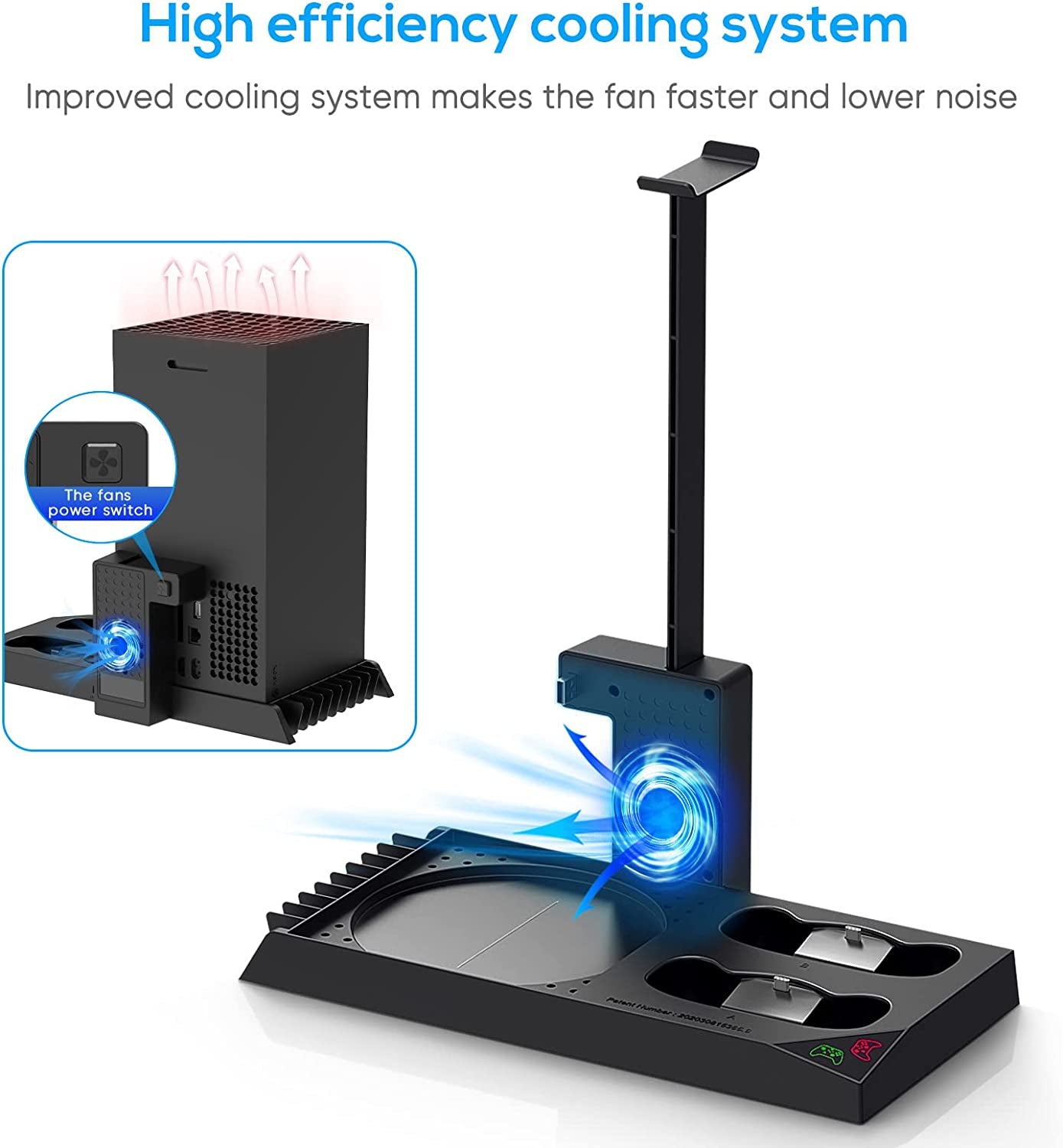 Vertical Charging Stand with Cooling Fan for Xbox Series X Console & Controller, Dual Charger Station Dock with Rechargeable Batteries, Protective Cover, Headset Stand, and Game Slots (Black)
