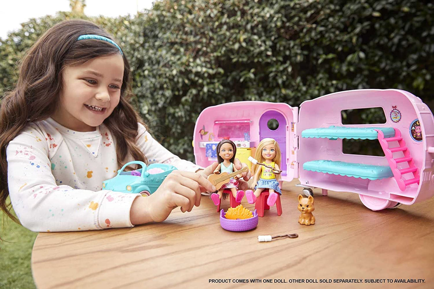 Club Chelsea Toy Car & Camper Playset - Includes Blonde Chelsea Small Doll, Puppy, and 10+ Accessories. Unhitch & Open for Campsite Fun.