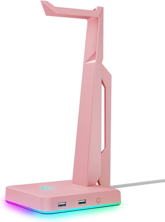 Pink RGB Gaming Headset Stand: Game Headphone Mount with 2 USB Ports. Great for PC, Xbox One, PS4, Switch. Features Earphone Holder Hanger. Perfect for Gaming Stations and Fancy Desk Gamer Accessories.
