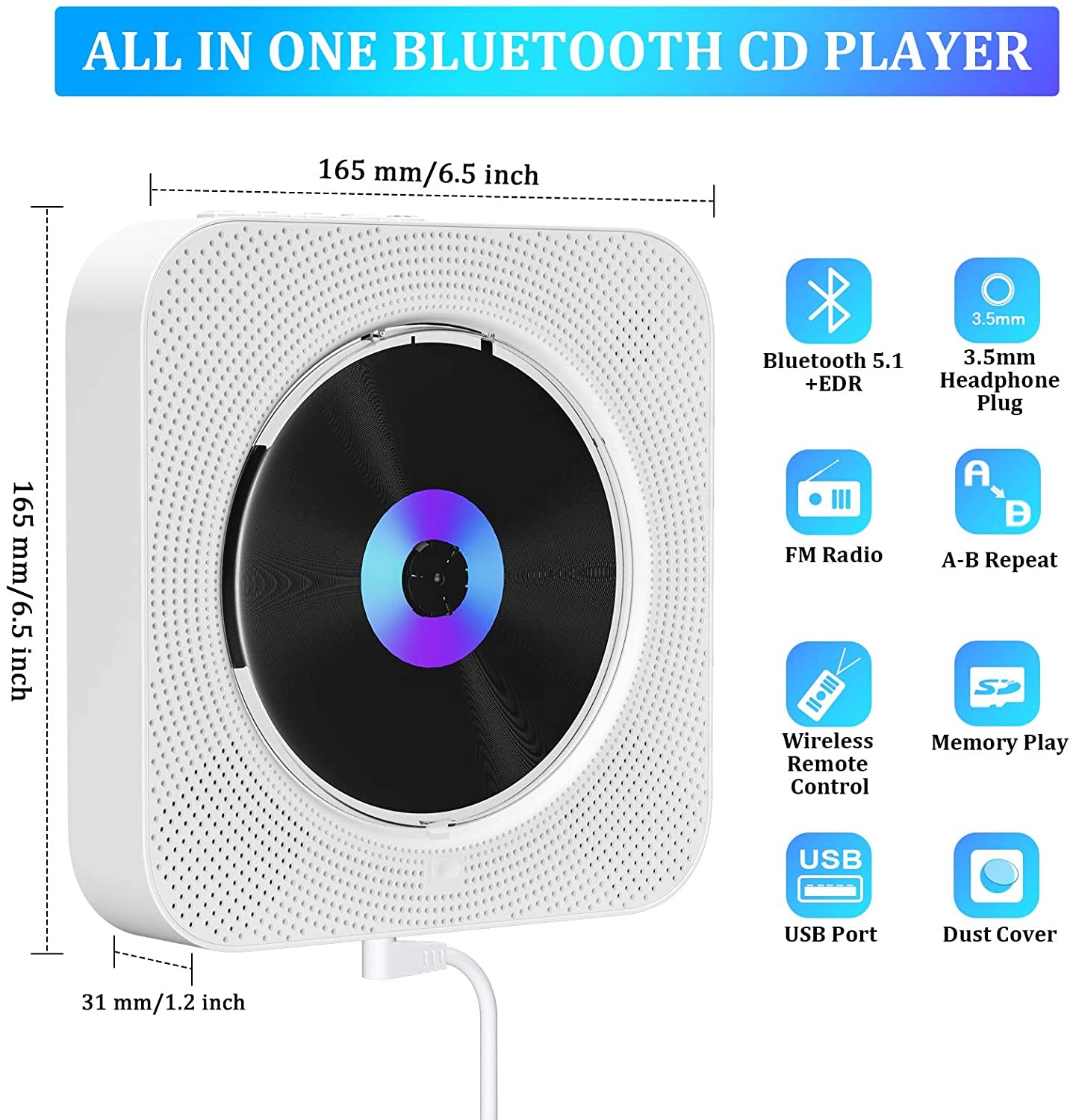 Portable CD Player with Bluetooth - Wall Mountable CD Music Player designed for home audio. Features include a Remote Control, FM Radio, Built-in HiFi Speakers, MP3 Compatibility, Headphone Jack, and AUX Input/Output.