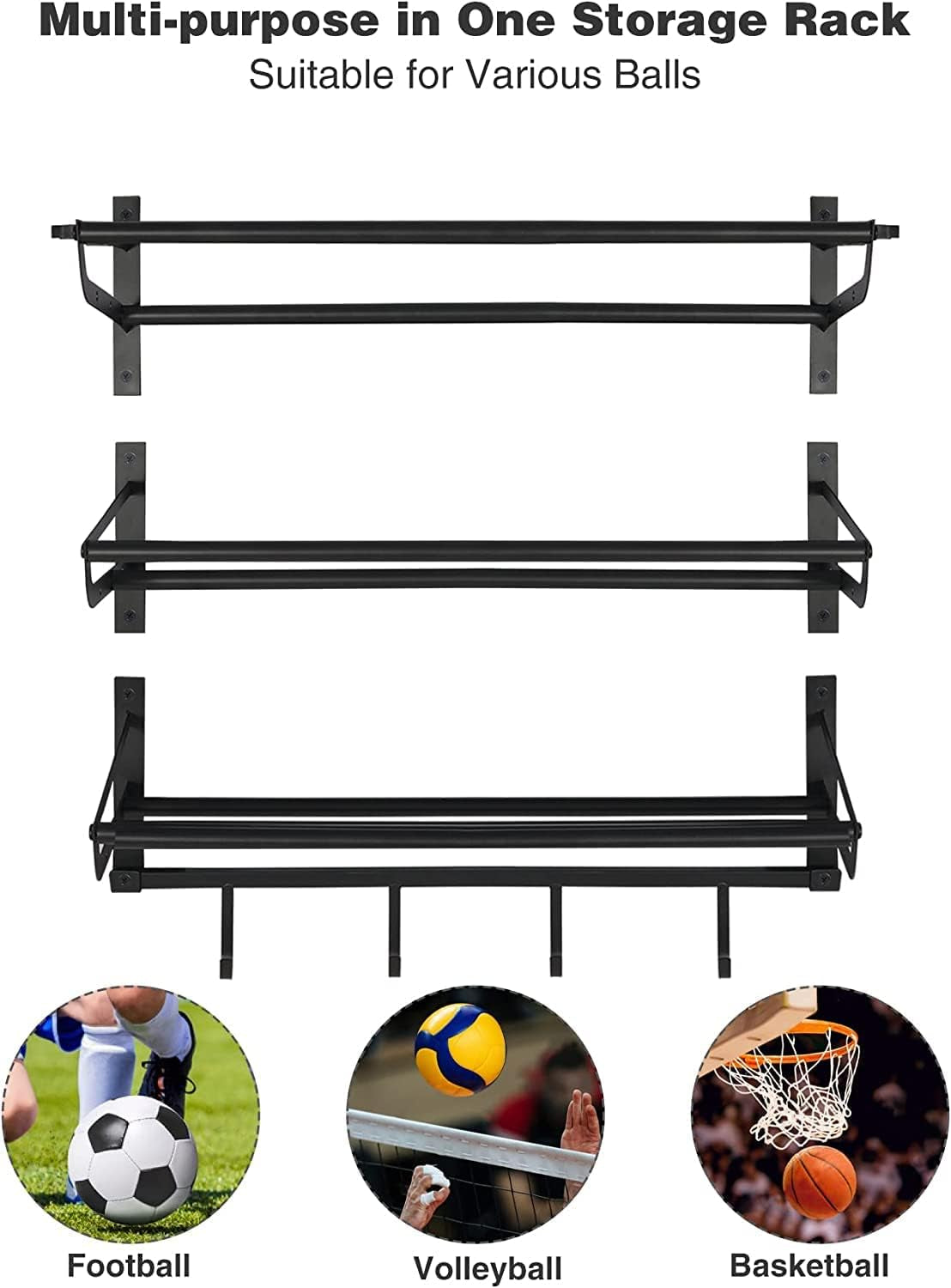Wall-Mounted Sports Equipment Storage Shelf: Garage Ball Storage Rack with Hooks for Basketball, Black