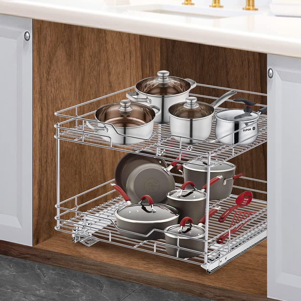 Bonadom 2 Tier Pull Out Cabinet Drawer Organizer –Heavy Duty Slide Out Kitchen Cabinet Storage Shelves -21''Dx20''W - Requires at Least a 20” Cabinet Opening, Wire Frame, Chrome Finish