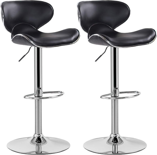 High Back 360-Degree Swivel Adjustable Quality Black PU Leather Bar Stool Pub Chair, with Backrest and Footrest/Back Foot Rest - Set of 2 (Black)