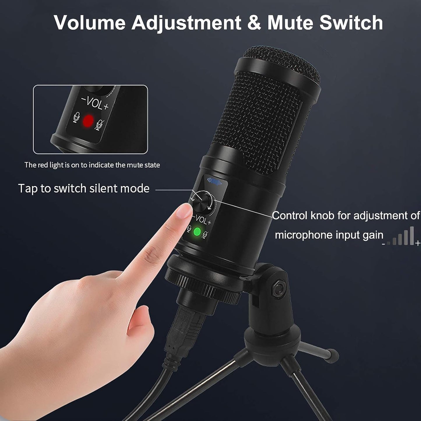 USB Microphone for Computer - Condenser PC Mic for MAC, Windows, Laptop, PS4 Gaming, YouTube Streaming, Vocal Recording; Features Noise Reduction, Mute Button, and Plug & Play Functionality.