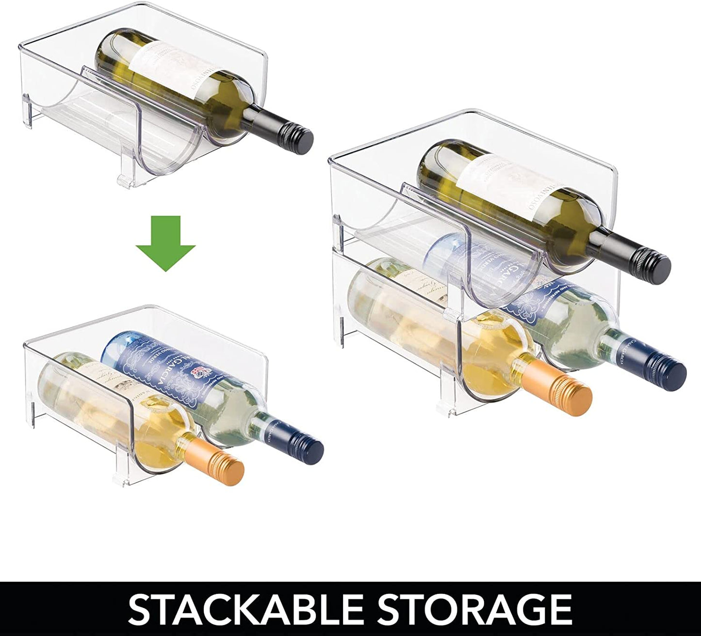 Plastic Free-Standing Wine Rack Storage Organizer: Designed for Kitchen Countertops, Table Tops, Pantry, and Fridge - Holds Wine, Beer, Pop/Soda, Water Bottles - Stackable, Each Rack Holds 2 Bottles, Comes in a Pack of 2 in Clear.