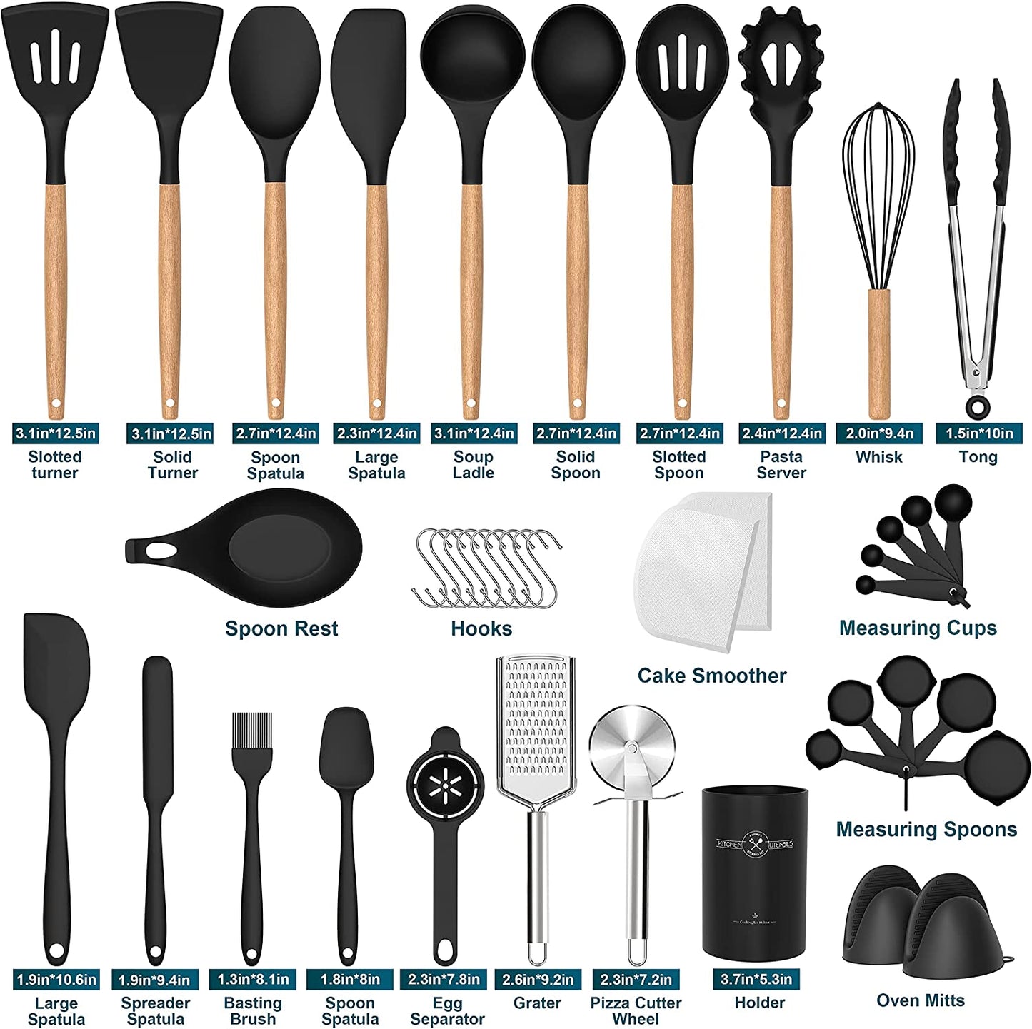 43-Piece Silicone Cooking Utensils Set - Non-Stick and Heat Resistant Kitchen Utensils Spatula Set with Wooden Handles, Ideal for Baking, Cooking, and Mixing; Complete with Holder, Black Color.