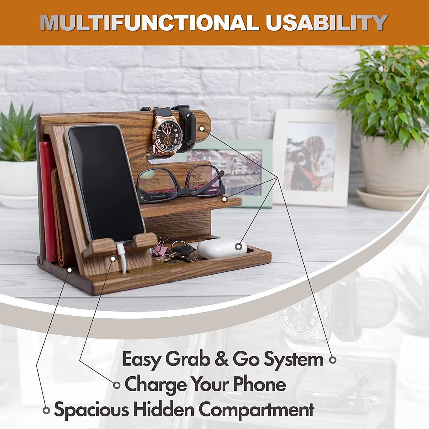  Wood Phone Docking Station - Nightstand Desk Organizer 