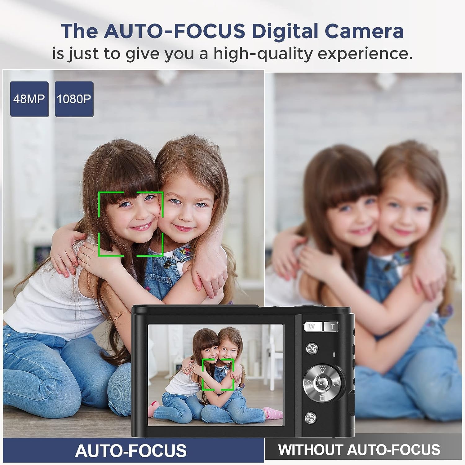 Digital Camera  Autofocus FHD 1080P Vlogging Camera with 48MP resolution. It features a 16X Zoom, 2 Charging Modes, and is designed for Kids, Teens, and Students. Available in Black.