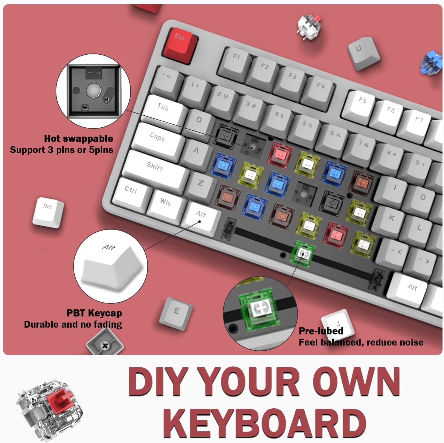 AK873 Wired 87 Key TKL Mechanical Gaming Keyboard - Rainbow Backlit, Hot-Swap Linear Red Switch, NKRO, Gasket, Custom Coiled Aviator USB-C to USB-A Cable. Designed for Win, PC, Mac, PS4, Switch, Xbox Gamers White Grey