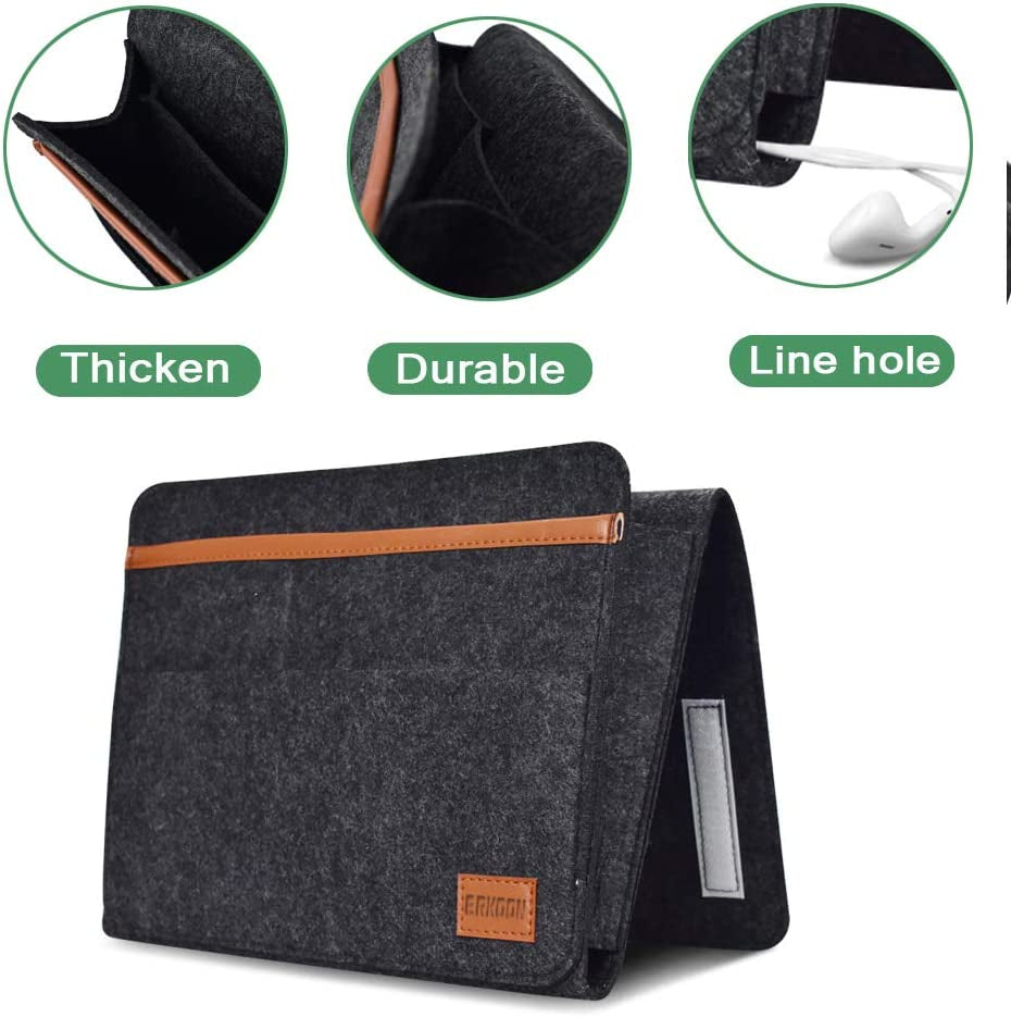 Thicker Felt Bedside Caddy: Hanging Storage Organizer Bag with Pocket for Books, Tablet, Remote Control, Phone, and Accessories - Dark Grey