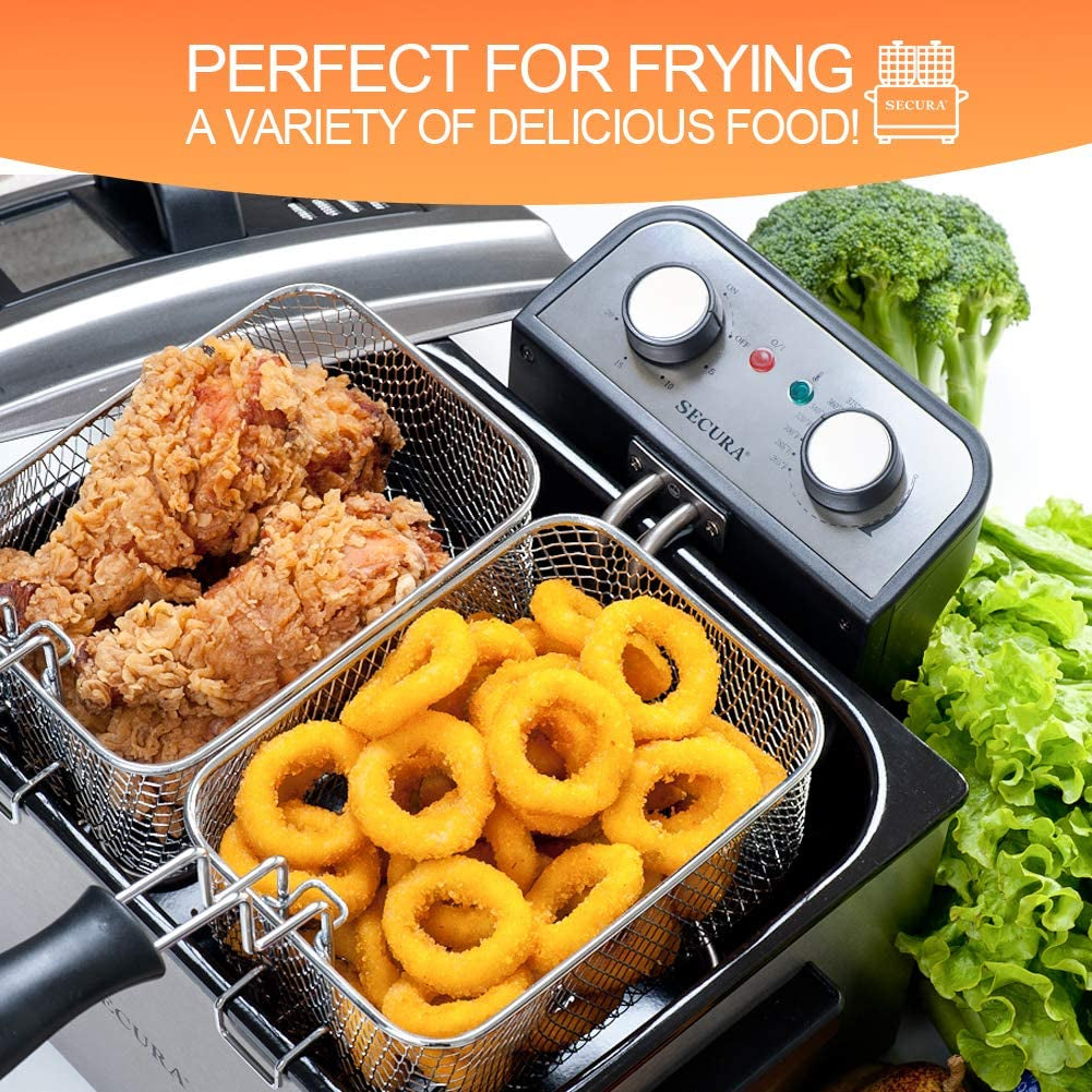  Professional Grade Stainless Steel Electric Deep Fryer - 1800W-Watt, Large 4.0L/4.2Qt Capacity, Triple Basket and Timer Included, Gray