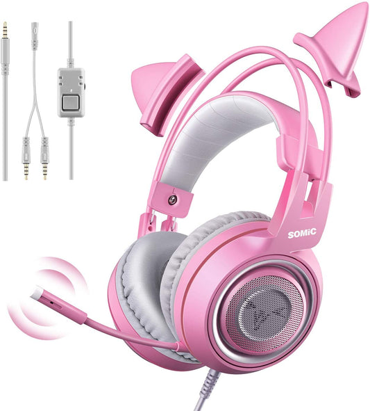 Pink G951S Stereo Gaming Headset, Lightweight over Ear Headphones with Mic. Compatible with PS4, Xbox, PC, and Mobile Phone. Features 3.5mm Noise Reduction and Cat Ear Headphones.