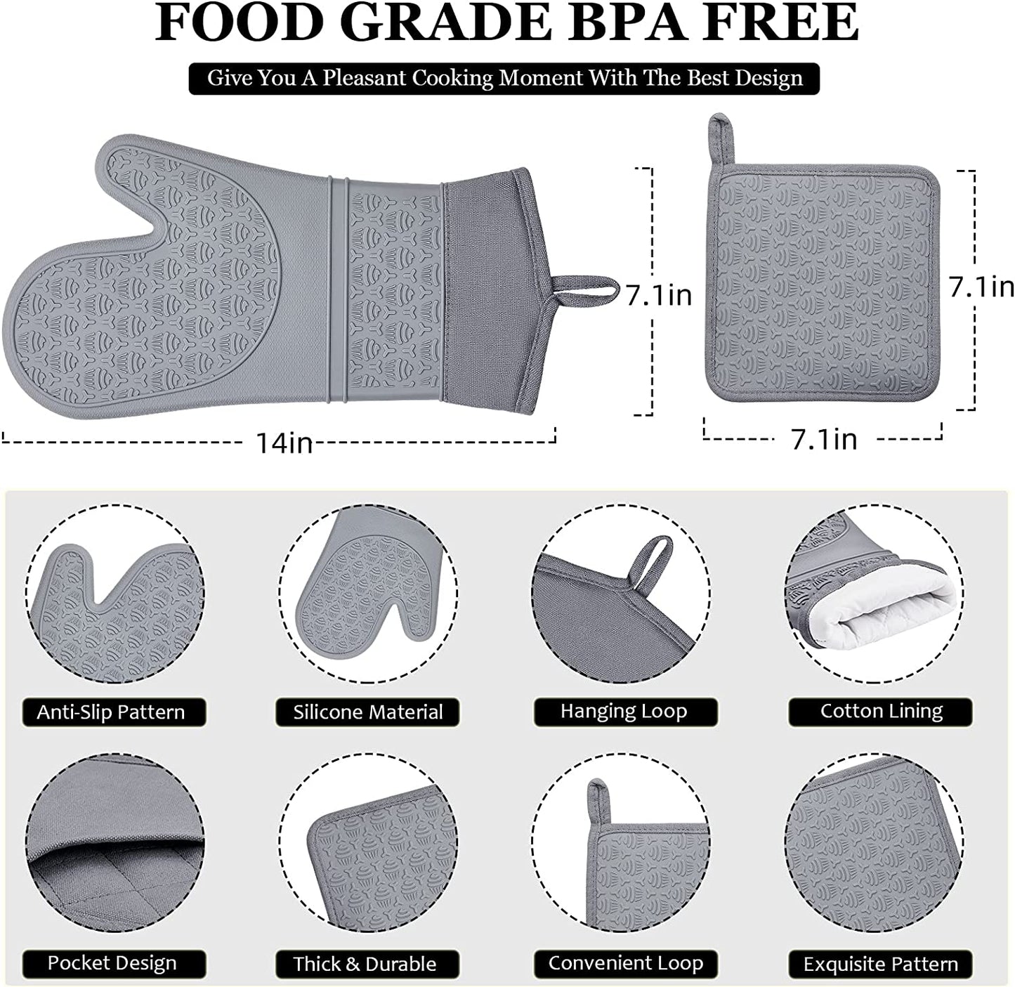 Heat-Resistant Silicone Oven Mitts & Pot Holders Set - Withstands Temperatures up to 600°F, Extra-Long Oven Gloves for Flexible Use in Kitchen Cooking, Baking, Grilling, and Microwave, Features Quilted Liner for Comfort and Non-Slip Grip, BPA-Free Design