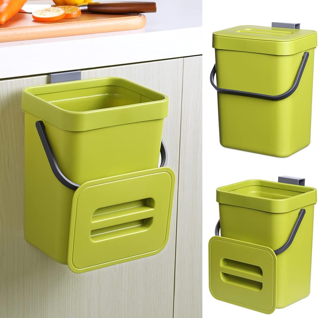 1.3 Gallon Kitchen Compost Bin: Designed for Countertop or Under Sink Use, with a Lid, Suitable for Hanging in Cupboards, Bathrooms, Camping, and Mounting Indoors - Green 