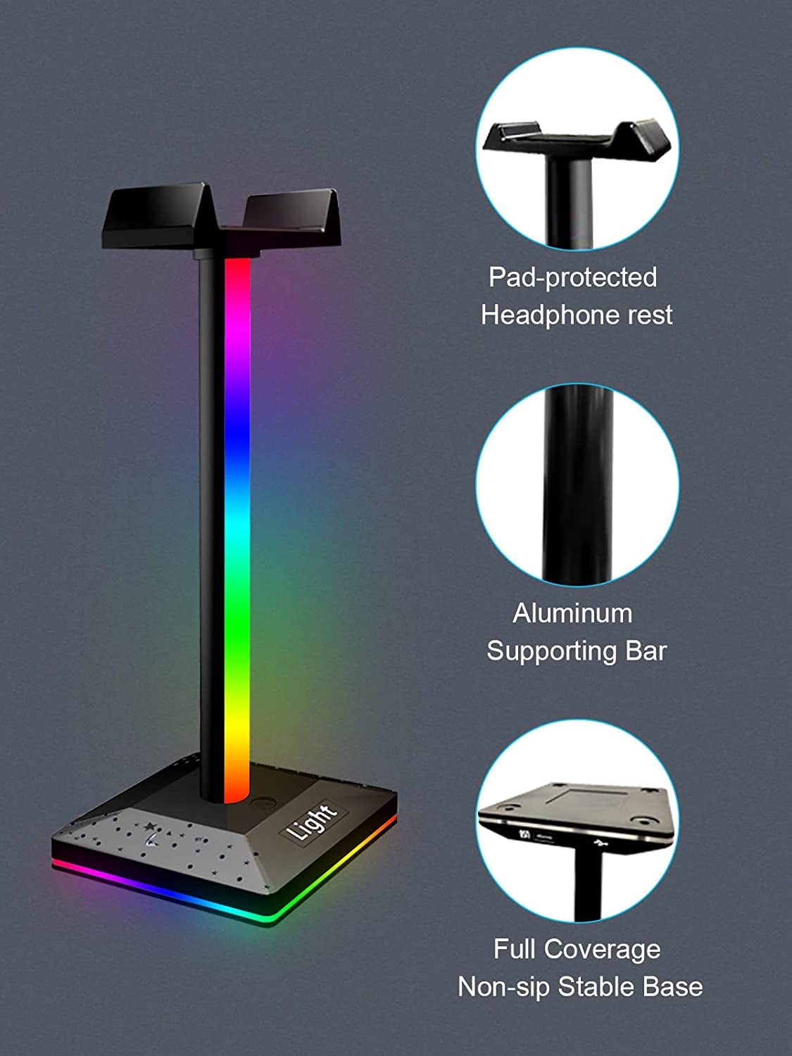 RGB Gaming Headphone Stand Light with USB Port - Ideal Desktop PC Gaming Stand Light for Gaming Headset Accessories - Great Gift for Husband, Kids, Boyfriend