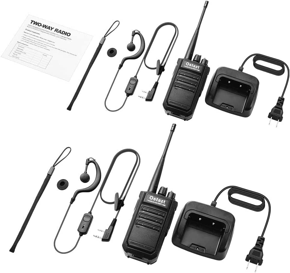 Set of 4 Long Range Rechargeable Two-Way Radios - Professional 16 Channel Handheld Walkie Talkies with Earpieces. Ideal for Home Use, Hiking, Camping, and more.