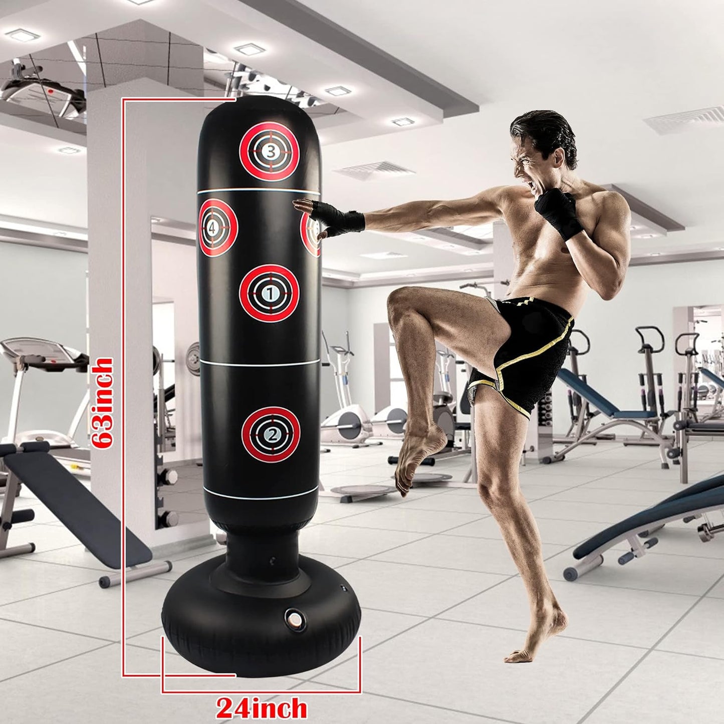 Freestanding Punching Bag for All Ages - 63" Inflatable Kickboxing Bag with Stand for MMA, Muay Thai, and Fitness Training - Suitable for Adults and Kids - Durable and Stylish Black Design