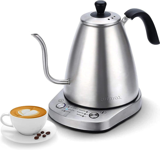 1000W Electric Gooseneck Kettle - A 1L Variable Kettle with 6 Temperature Settings designed for Pour Over Drip Coffee and Tea. It's made from Stainless Steel and features Auto Keep Warming and Boil-Dry Protection for added safety.