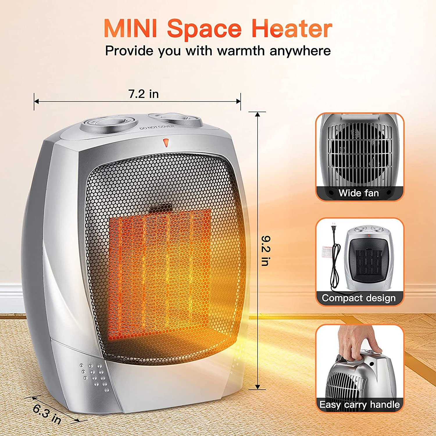 Portable Electric Space Heater - A 1500W/750W Ceramic Heater with Thermostat that can quickly heat up a room of up to 200 sq. ft. It's designed to be safe and quiet, making it ideal for use in offices, homes, on desks, and indoors.