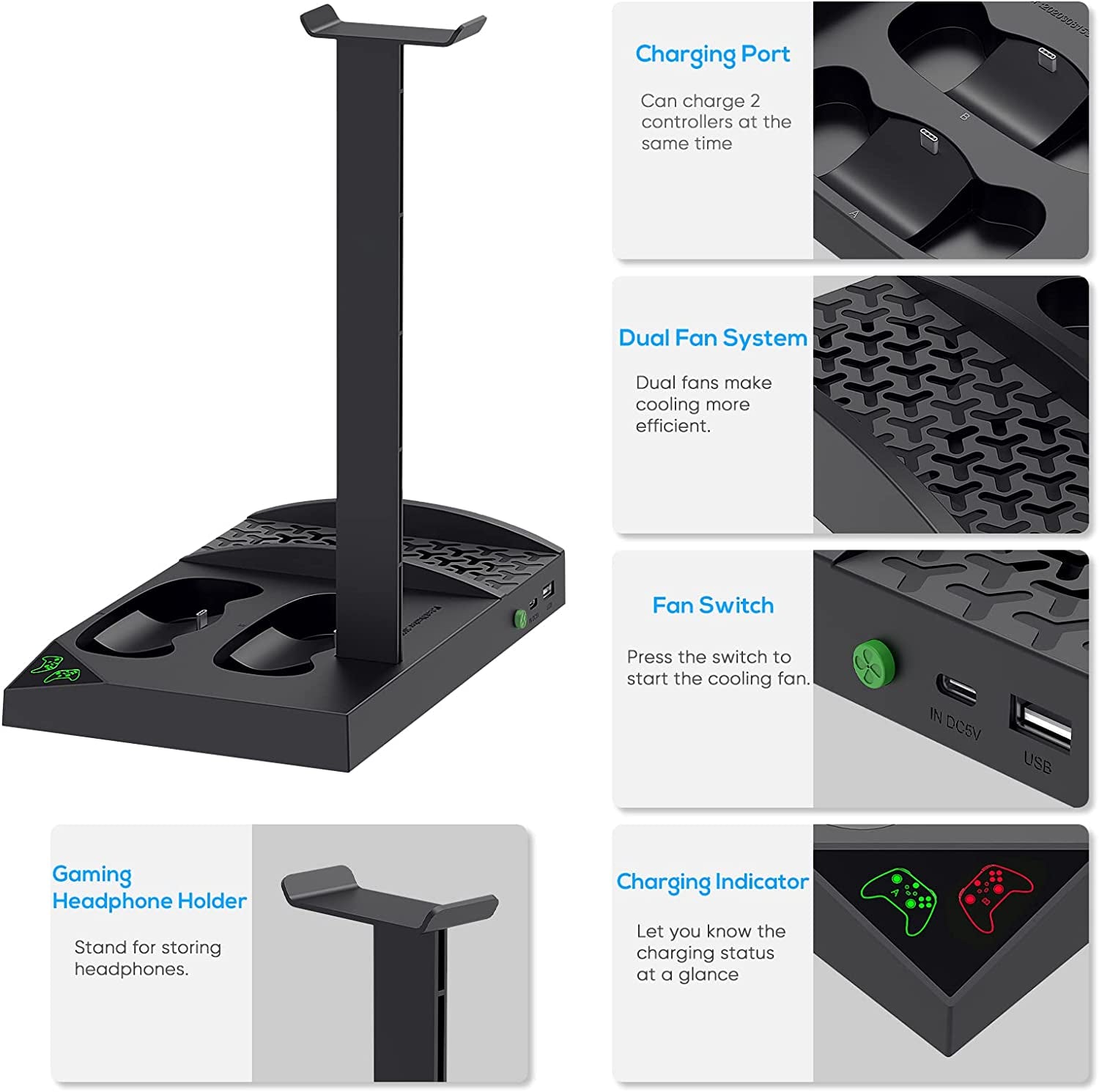 Xbox Series S Charger Stand with Cooling Fan - Vertical Charging Dock Station with Rechargeable Battery, Cover, and Earphone Bracket (Black)