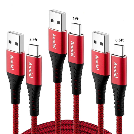 3 Pack USB Type-C Charging Cable - Includes lengths of 1ft, 3.3ft, and 6.6ft; Supports 3A Fast Charging and Quick Charge 3.0; Nylon Braided Data Cable for Sync; Compatible with Samsung Galaxy S10 S9 Note 10 9, Huawei, and more.