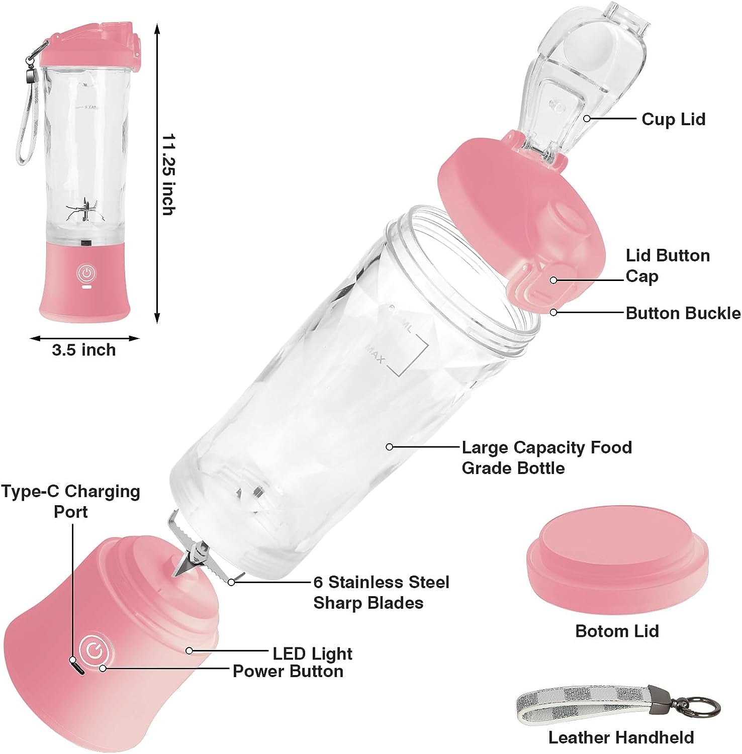 Mini Portable Blender with 6 Blades - 270 Watt Power for Shakes and Smoothies. Waterproof, USB Rechargeable, Includes 20 oz BPA Free Blender Cups with Travel Lid.