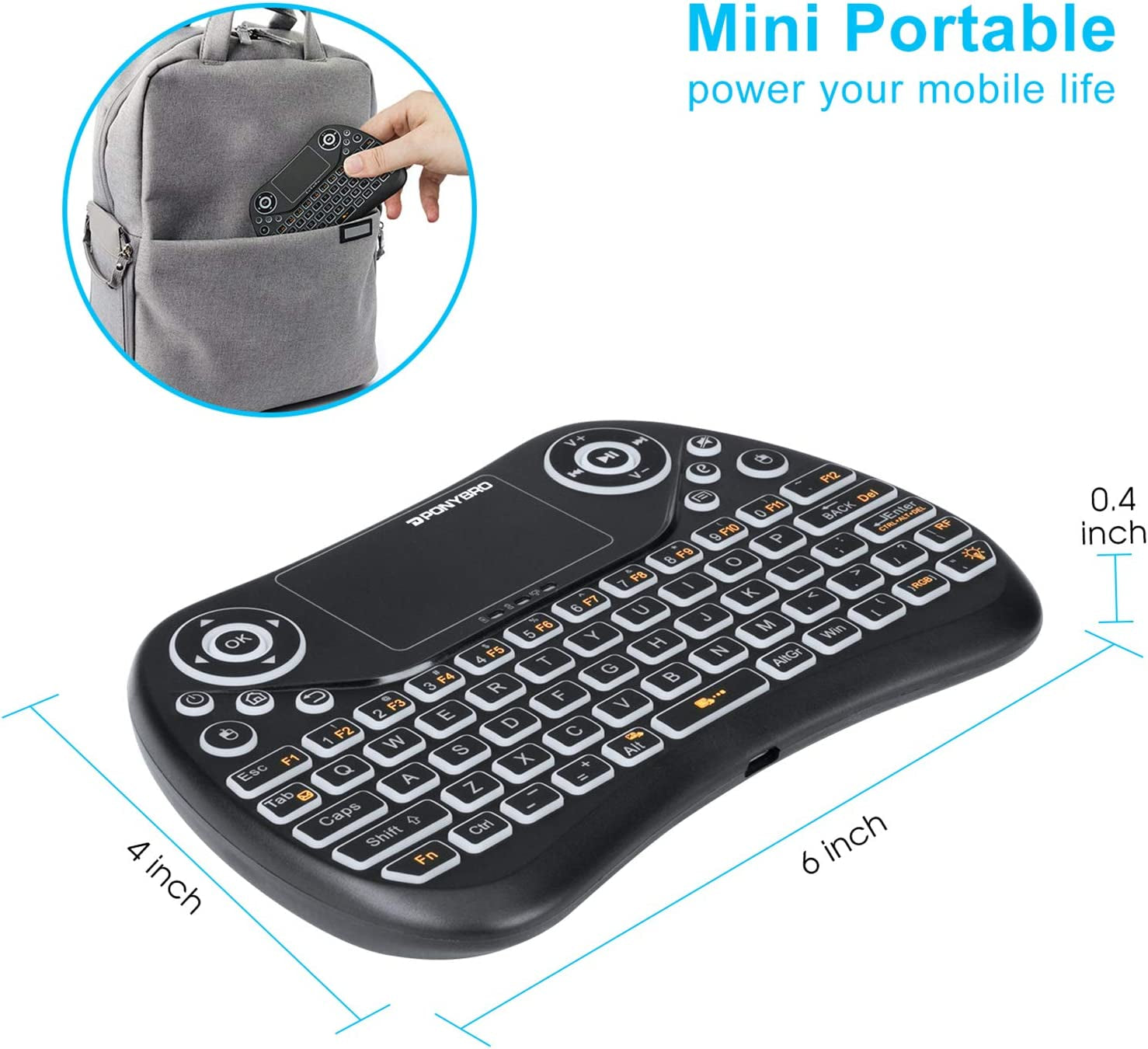 Backlit Mini Wireless Keyboard with Touchpad Mouse Combo. QWERTY Keypad, Rechargeable Handheld Keyboard Remote for Smart TV, Android TV Box, Xbox, Raspberry Pi, PC.