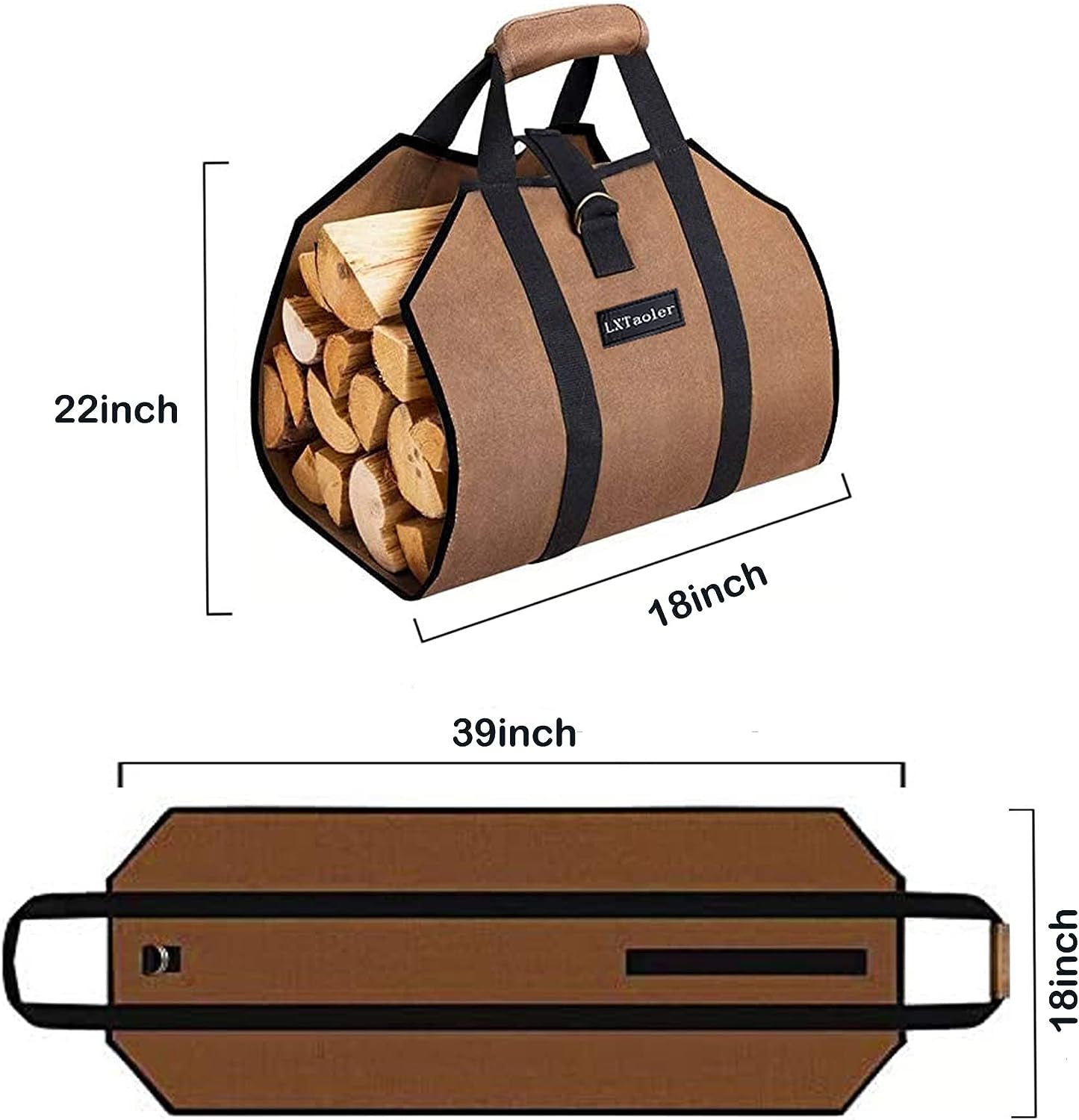 Canvas Firewood Tote with Handle - Sturdy Firewood Log Carrier Bag for Fireplaces and Camping, 39 x 18 Inches 