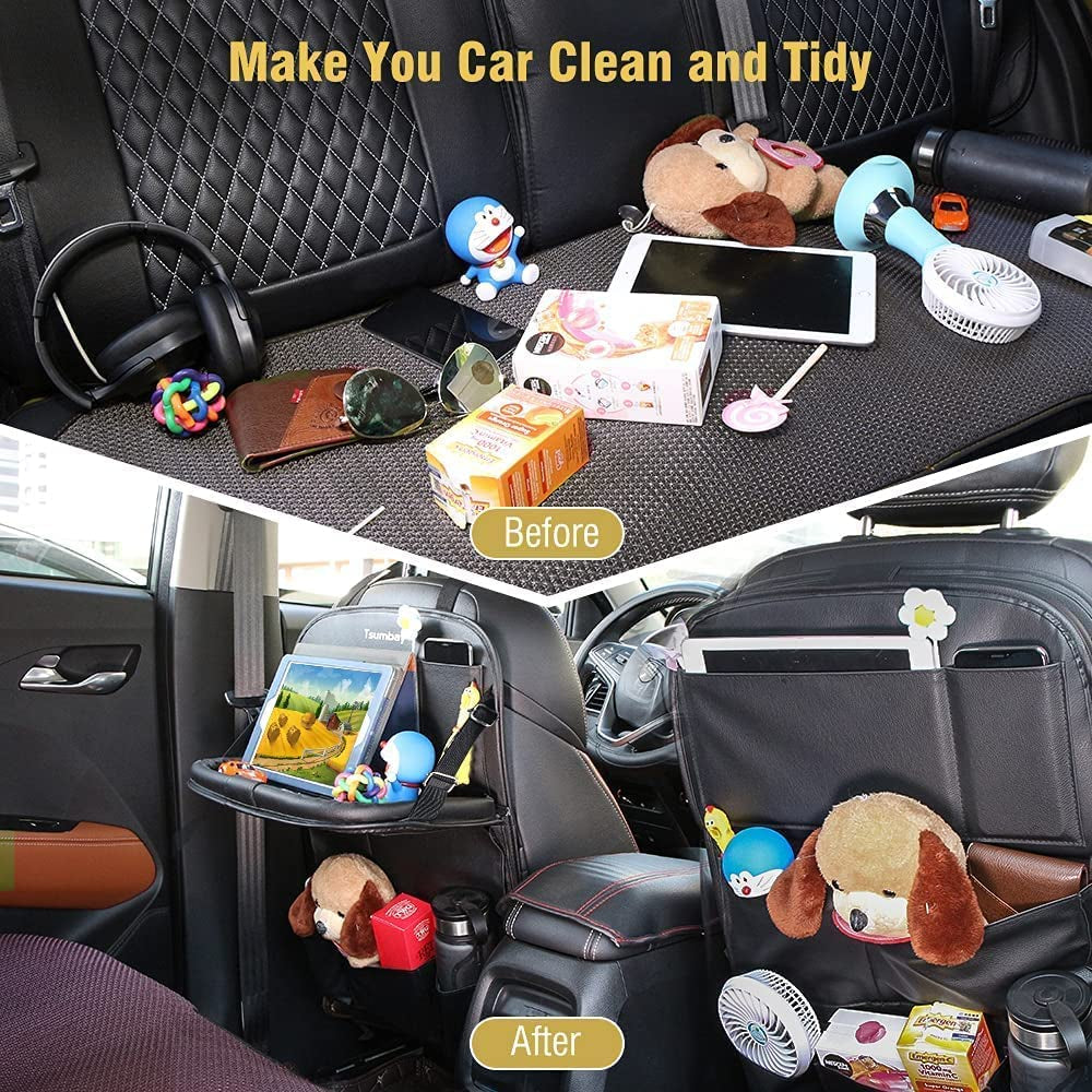  Car Backseat Organizer with Tablet Holder.25 9 Storage Pockets PU Leather Car Storage Organizer with Foldable Table Tray Car Seat Back Protectors Kick Mats Travel Accessories-Black 1Pcs