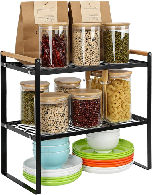 Sturdy Black Kitchen Cabinet Shelf Organizers - Multi-Purpose Stand for Cupboards, Pantries, and Bathroom Countertops; Includes Shelves for Organizing and Storing Items like Spices and Kitchen Essentials.